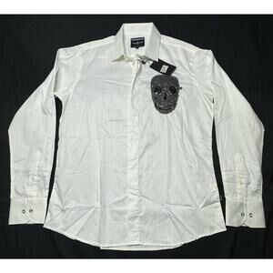 NWT Barabas Men's LS White & Black Skull Button Up Dress Shirt - Size M